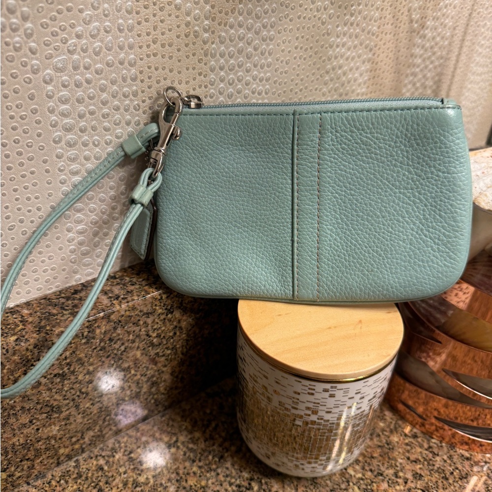 Coach Mint Green Pebbled Leather Wristlet